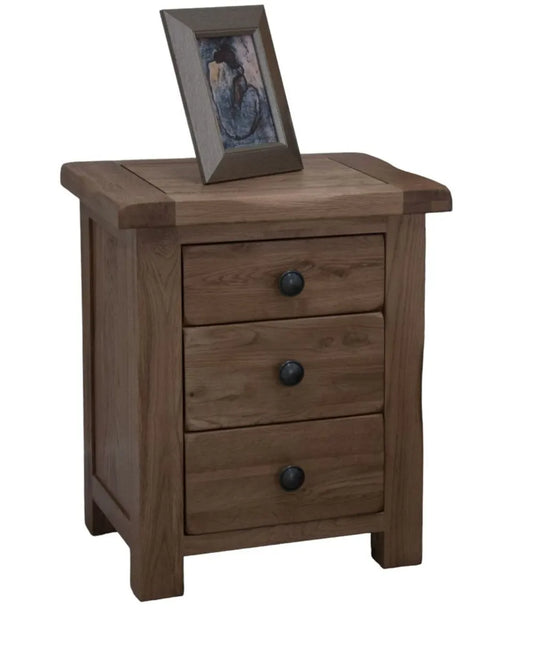 Rustic Wooden 3 Drawer Bedside Table, Oak Wood