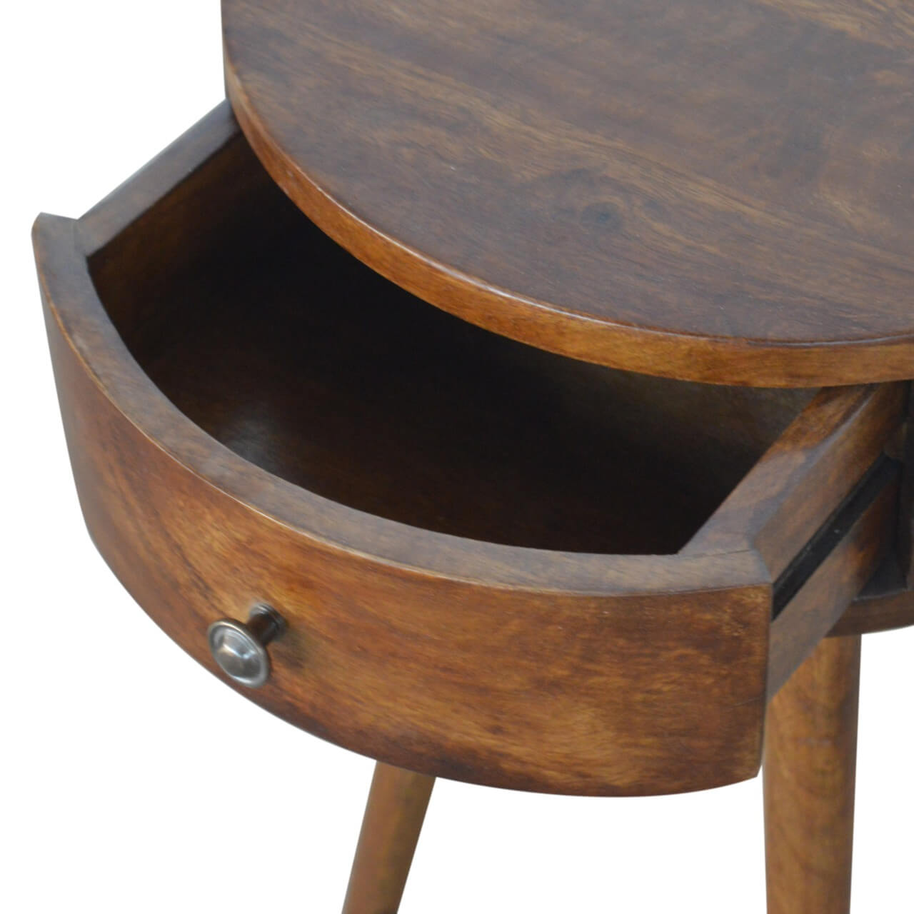 Chestnut finish circular bedside table mango wood