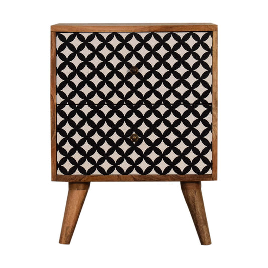 Diamond Screen Printed Bedside Table, Mango Wood