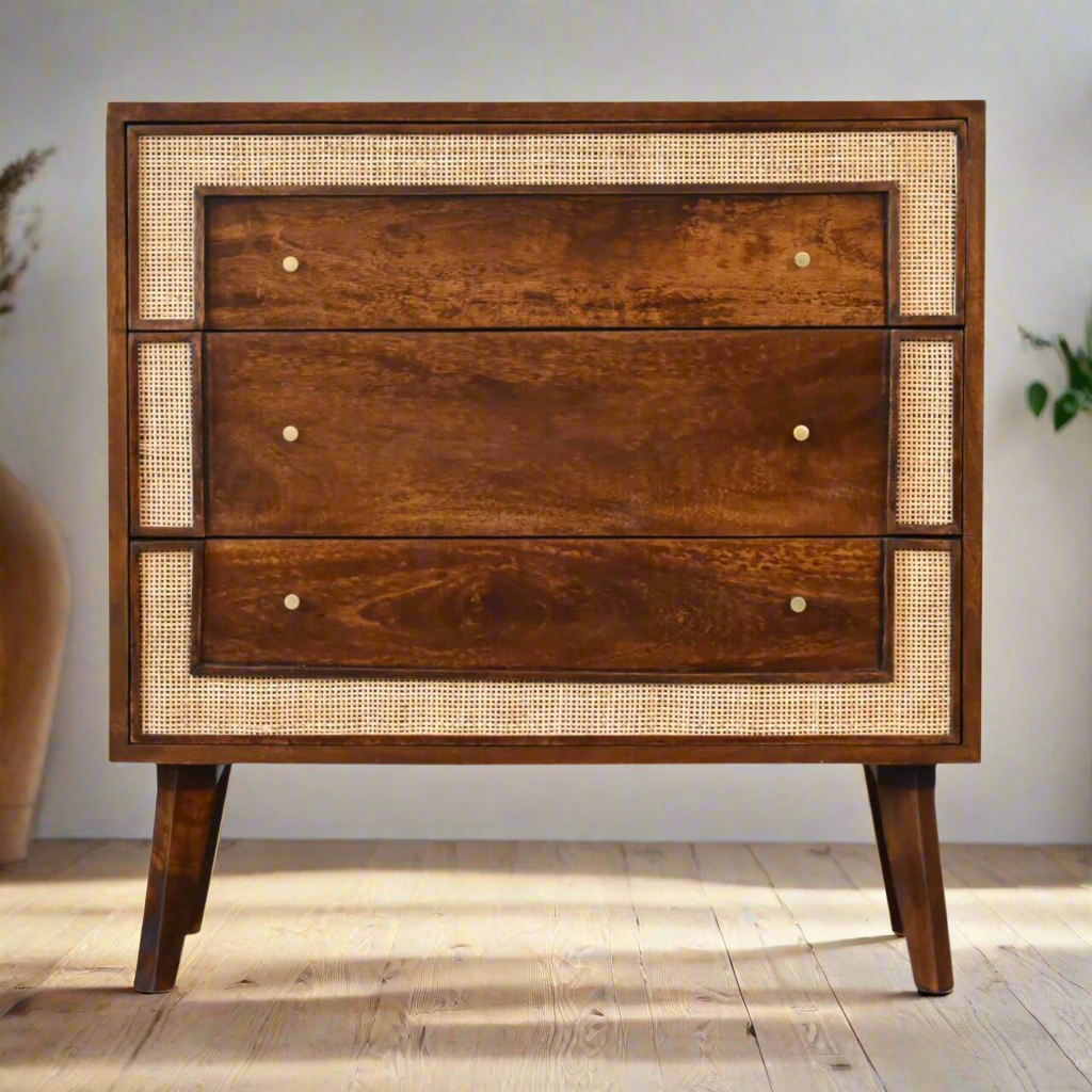 3 drawer chest mango wood and rattan chestnut finish