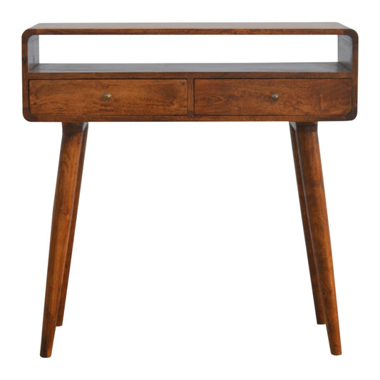 Curved mango wood console table chestnut finish