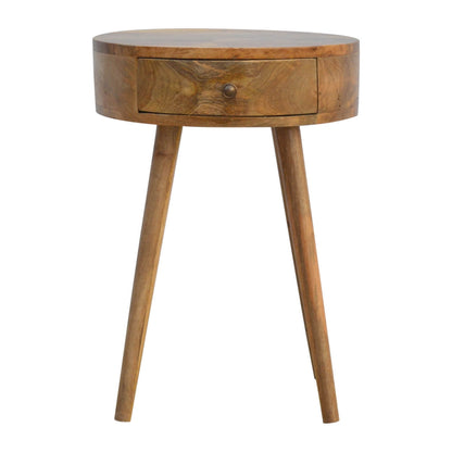 circular bedside table made from mango wood