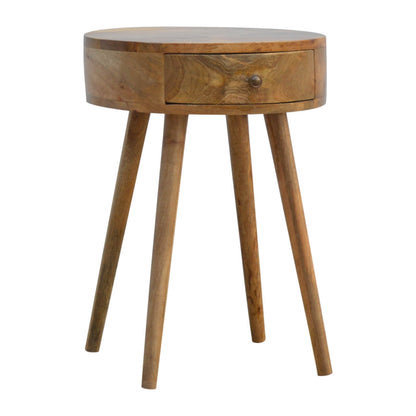 circular bedside table made from mango wood