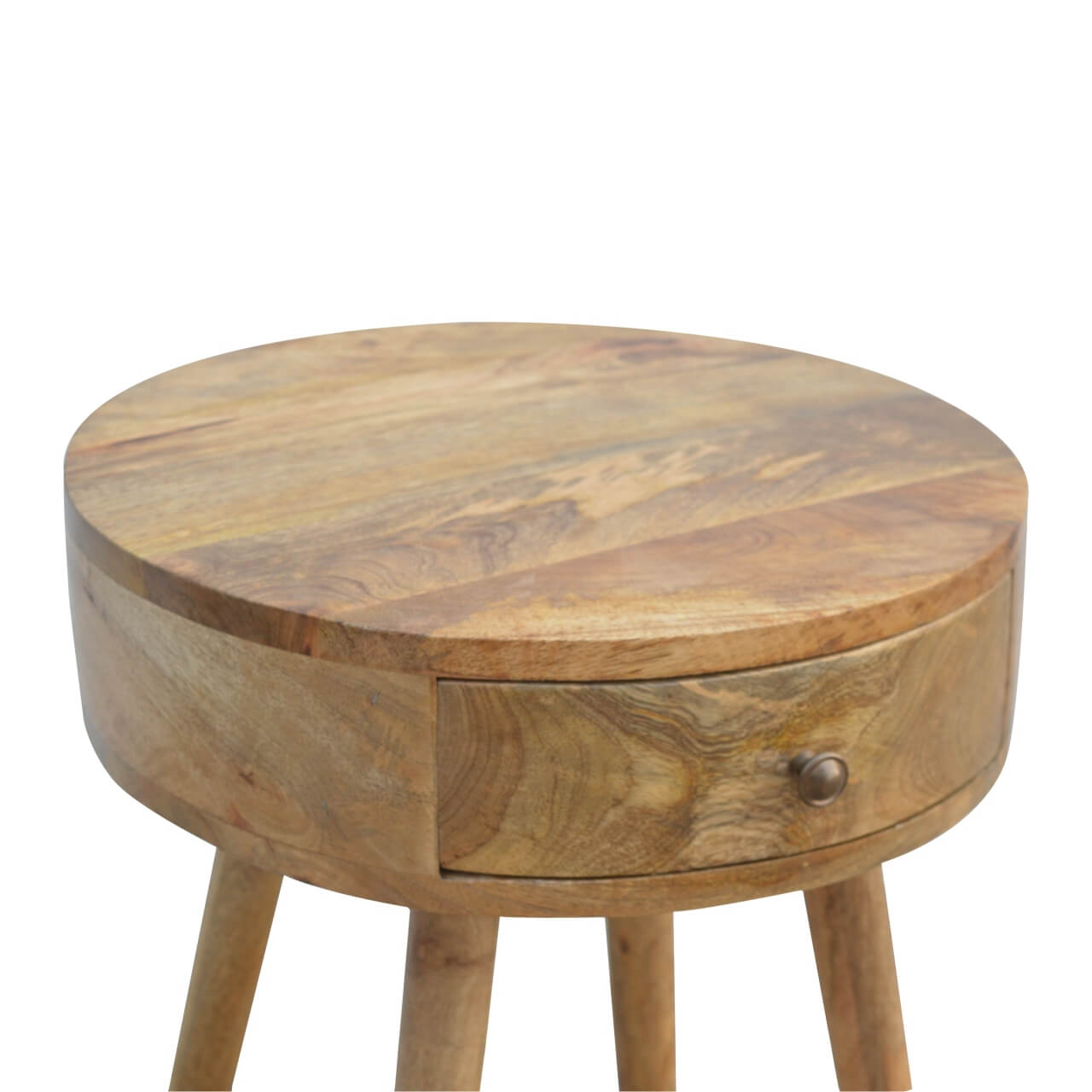 circular bedside table made from mango wood