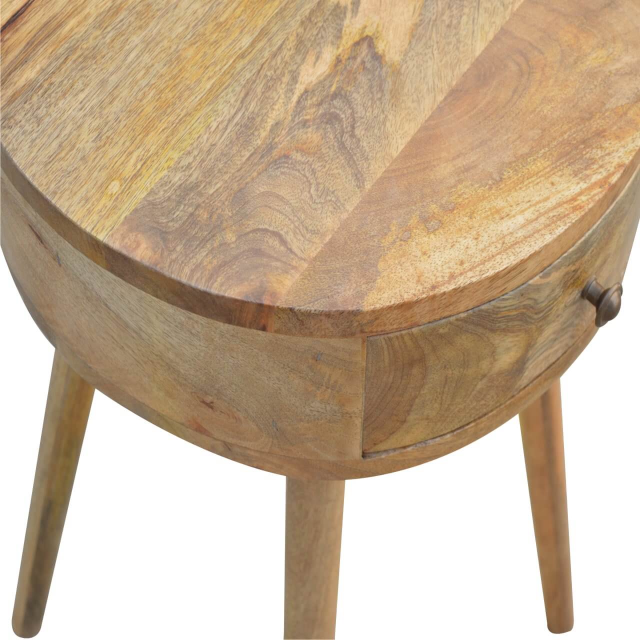 circular bedside table made from mango wood