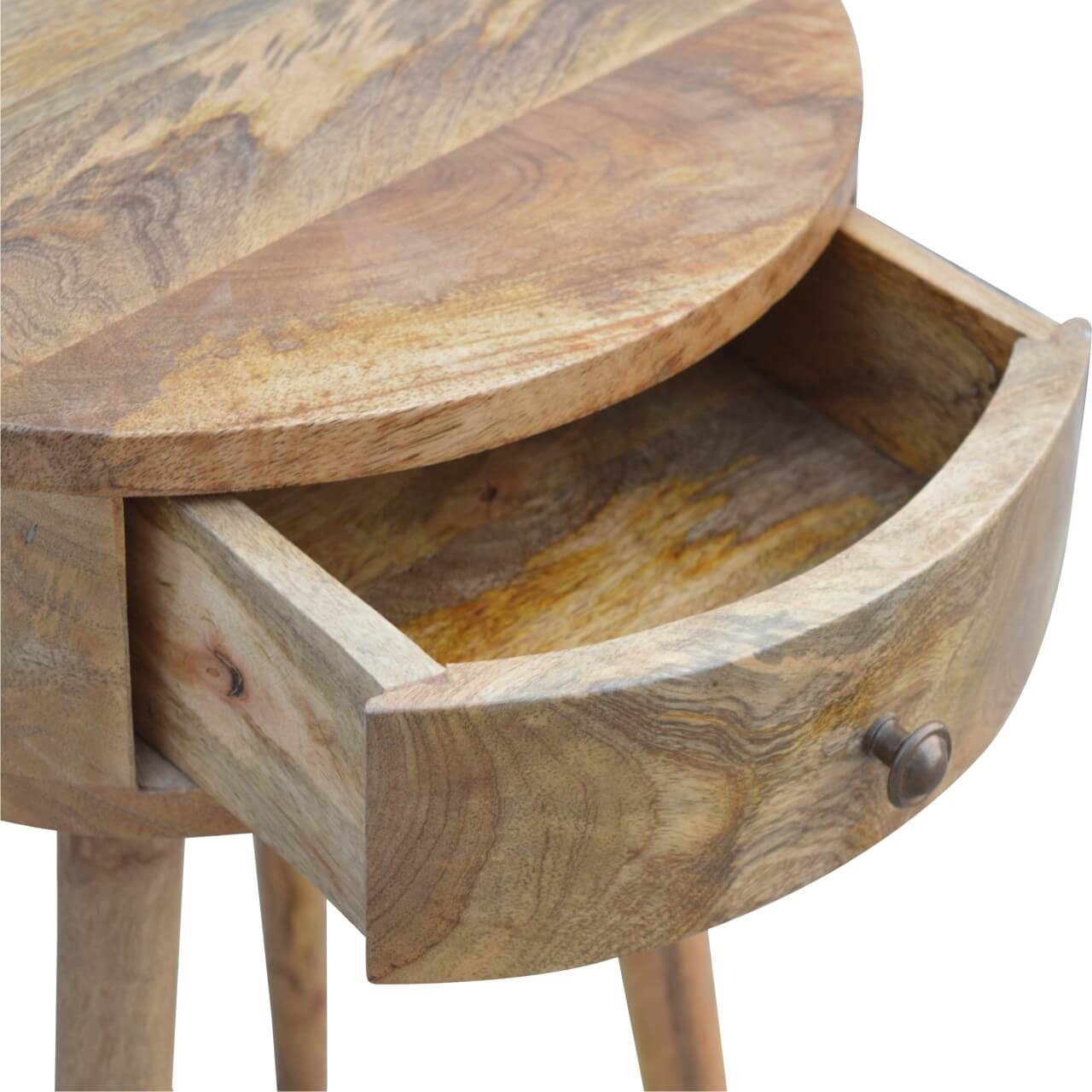 circular bedside table made from mango wood