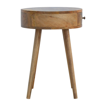 circular bedside table made from mango wood