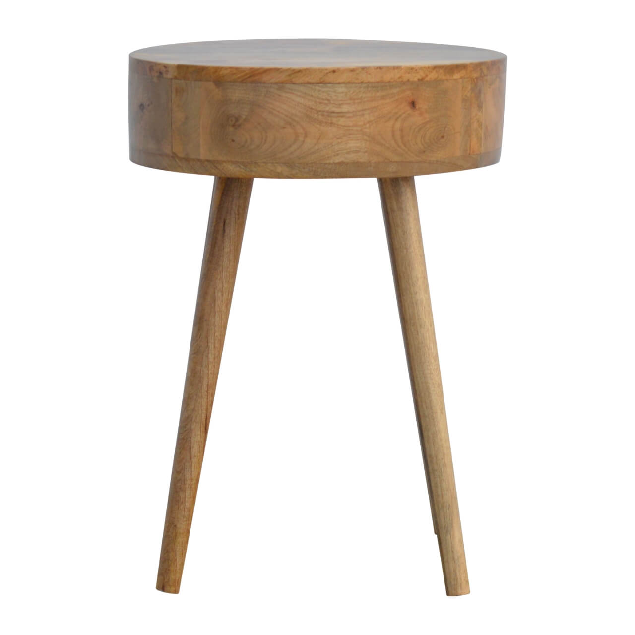 circular bedside table made from mango wood