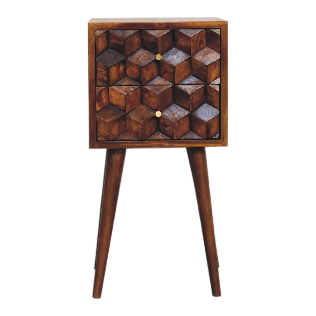 Narrow Cube Carved Bedside, Chestnut