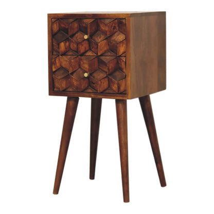 Narrow Cube Carved Bedside, Chestnut