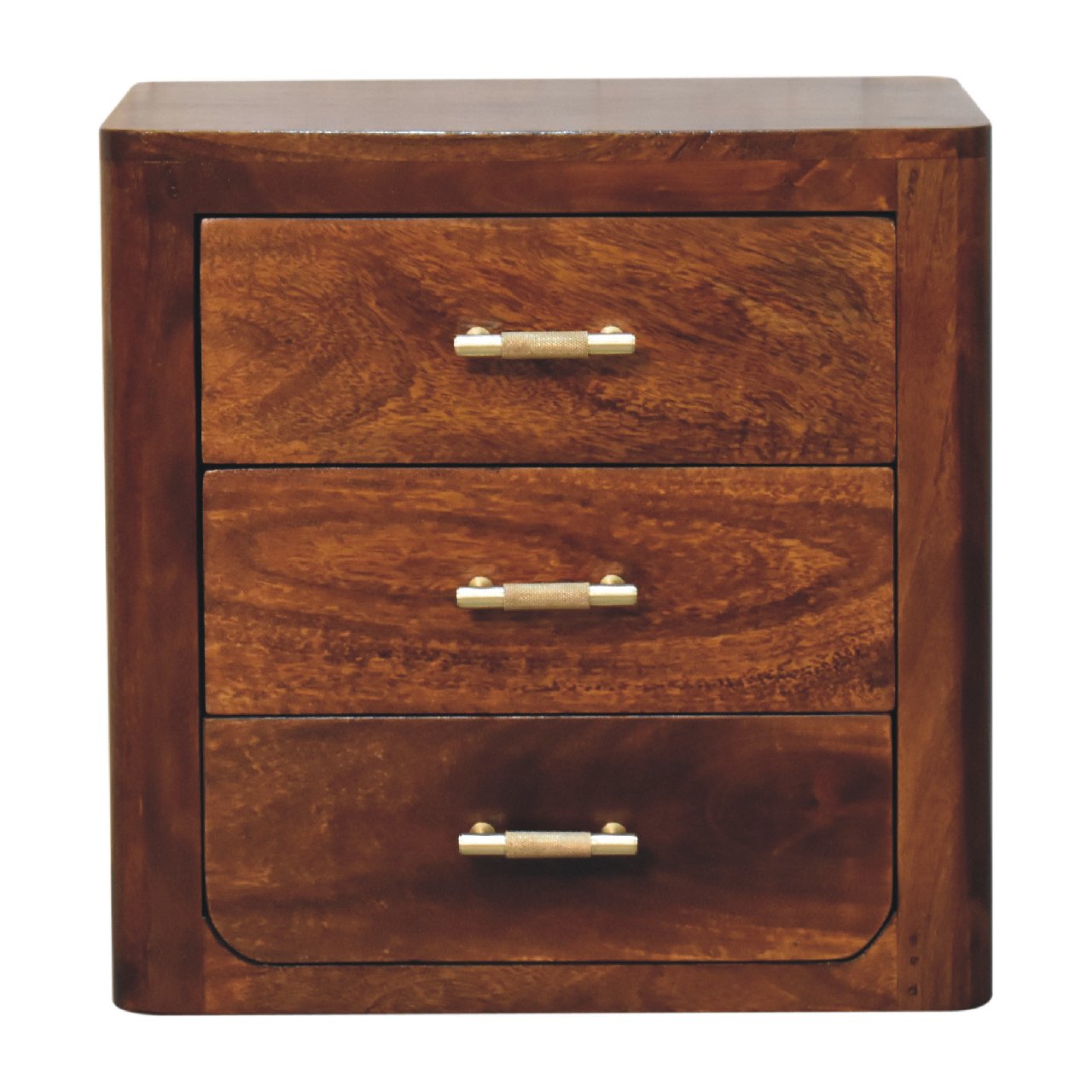 Mango wood bedside table with 3 drawers in chestnut finish