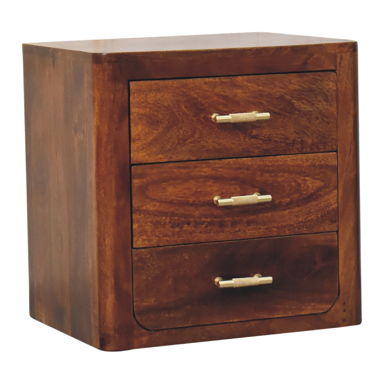 Mango wood bedside table with 3 drawers in chestnut finish