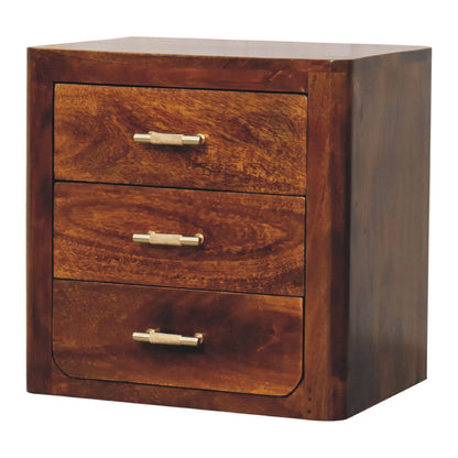 Mango wood bedside table with 3 drawers in chestnut finish