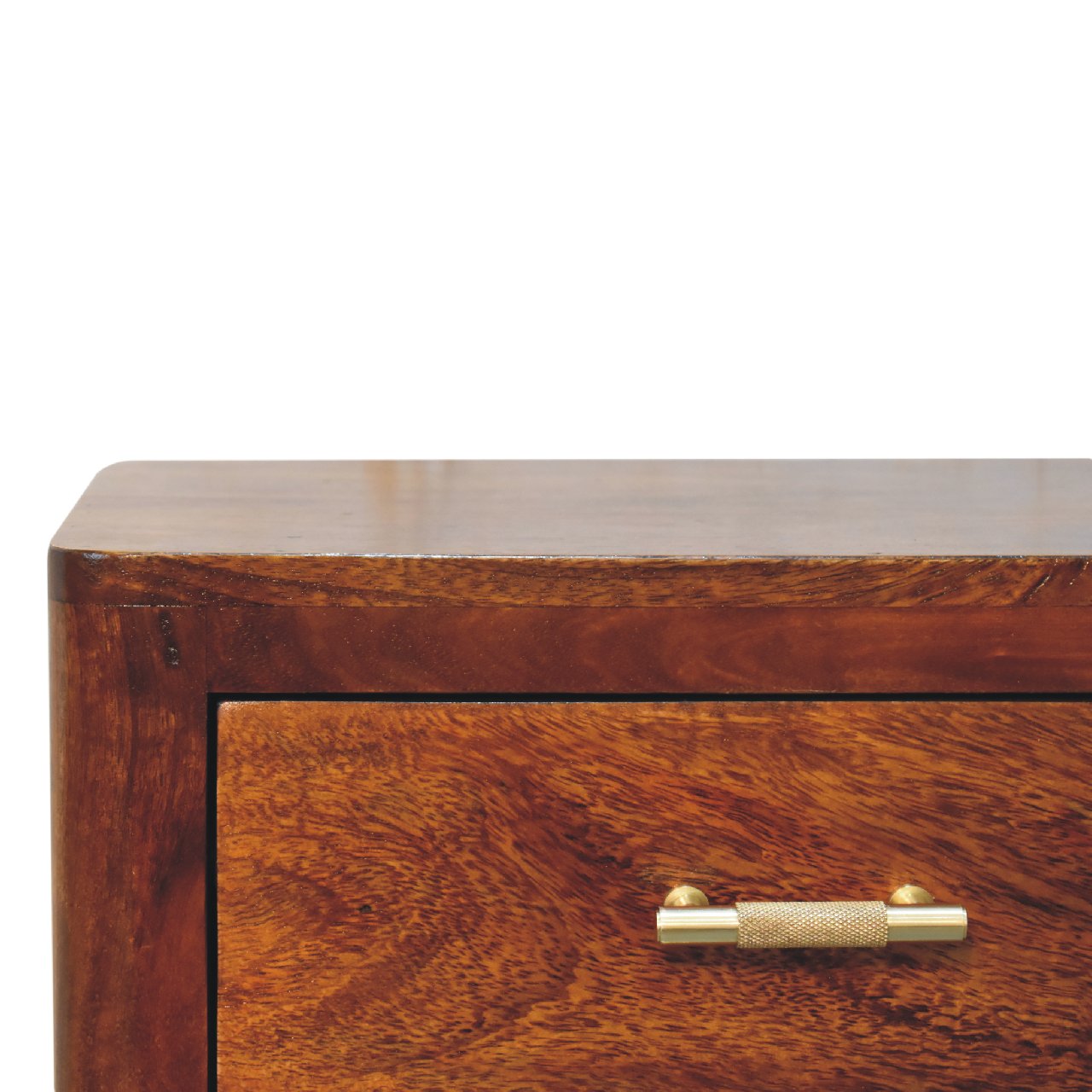 Mango wood bedside table with 3 drawers in chestnut finish