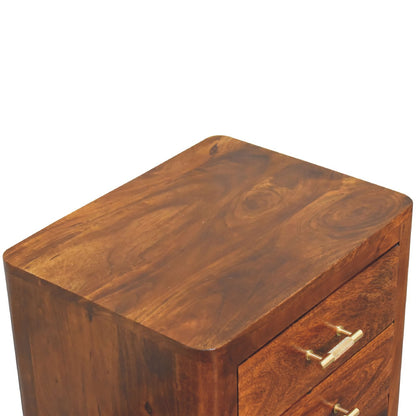 Mango wood bedside table with 3 drawers in chestnut finish