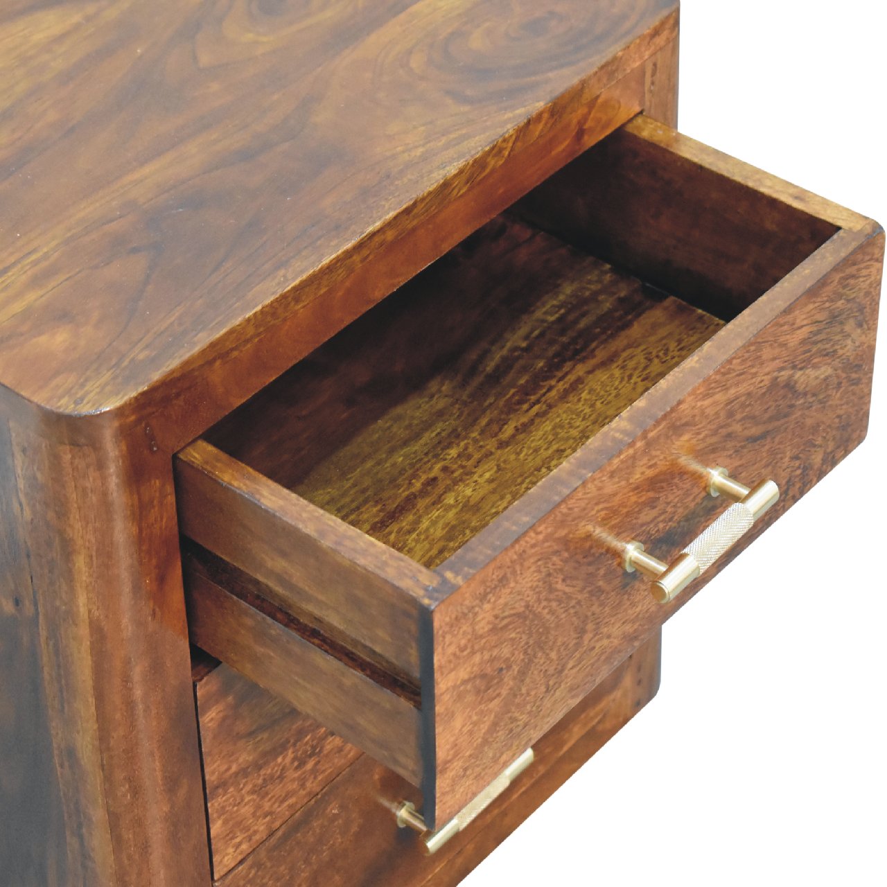 Mango wood bedside table with 3 drawers in chestnut finish