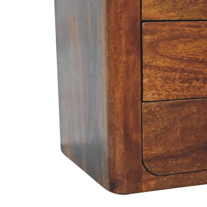 Mango wood bedside table with 3 drawers in chestnut finish