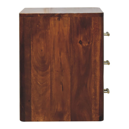 Mango wood bedside table with 3 drawers in chestnut finish