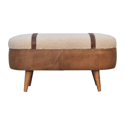 Mango wood buffalo hide and cotton boucle bench