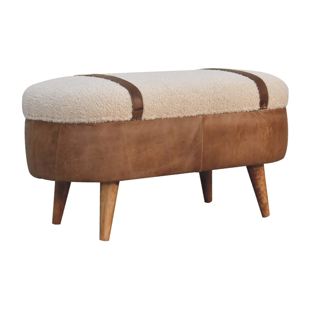 Mango wood buffalo hide and cotton boucle bench