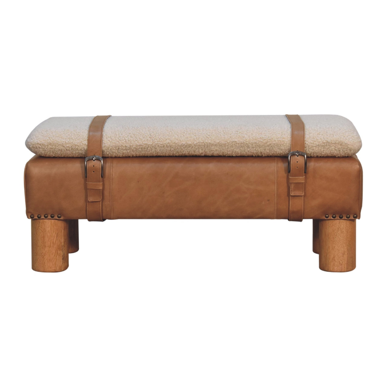 Strapped  Boucle Leather bench made from mango wood and cotton