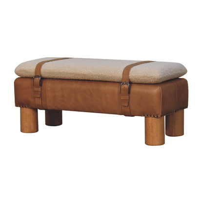 Strapped  Boucle Leather bench made from mango wood and cotton