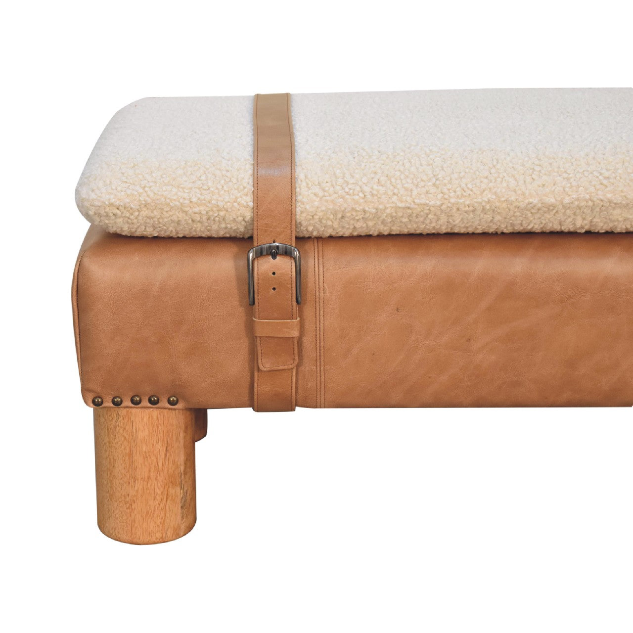 Strapped  Boucle Leather bench made from mango wood and cotton