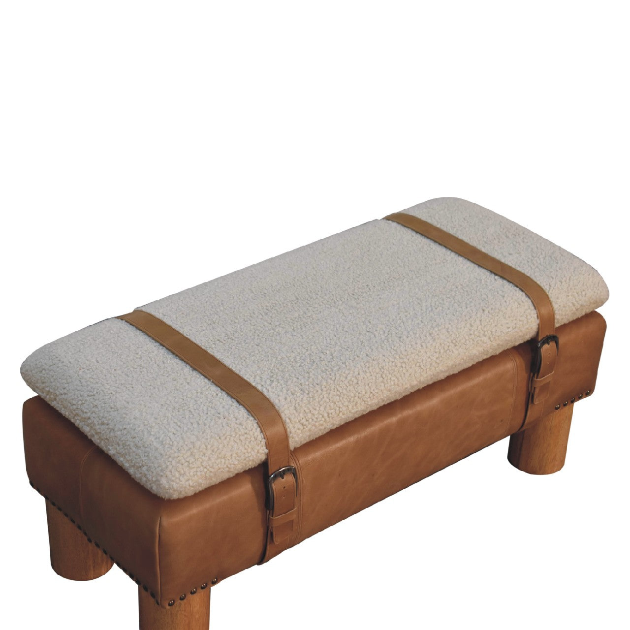 Strapped  Boucle Leather bench made from mango wood and cotton