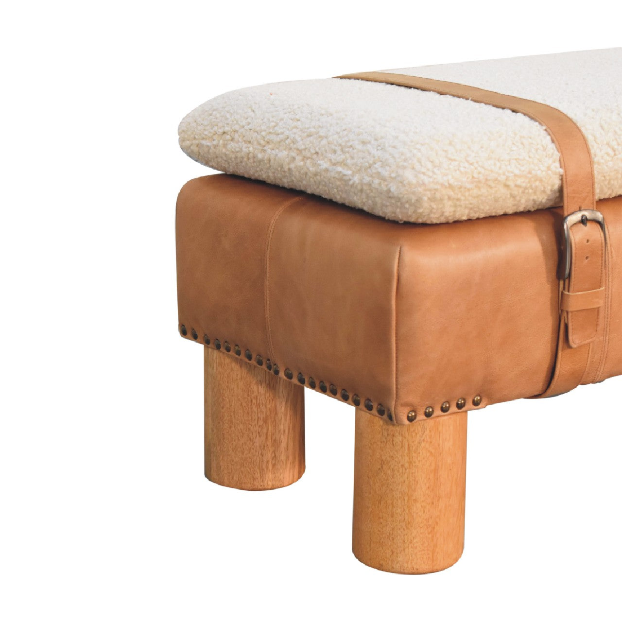 Strapped  Boucle Leather bench made from mango wood and cotton