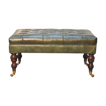 Leather mango wood frame ottoman with castor legs