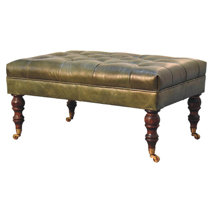 Leather mango wood frame ottoman with castor legs