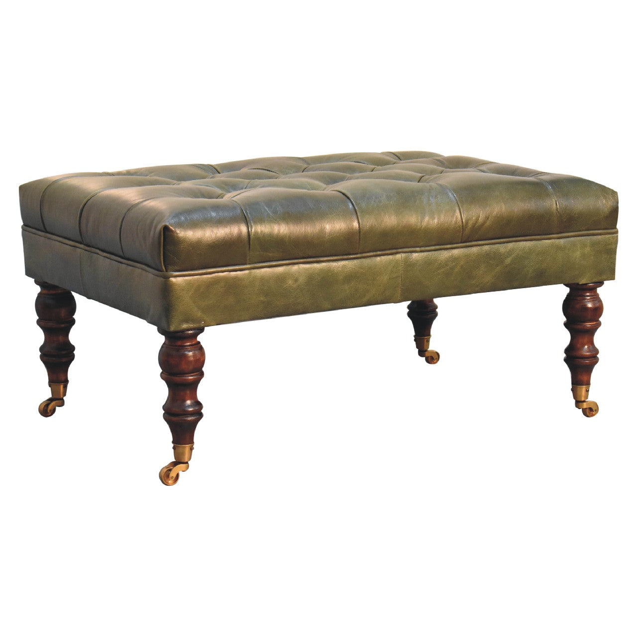 Leather mango wood frame ottoman with castor legs