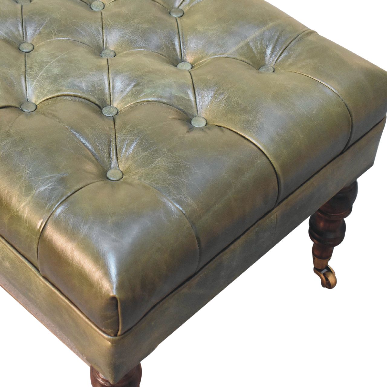 Leather mango wood frame ottoman with castor legs