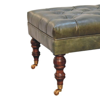 Leather mango wood frame ottoman with castor legs