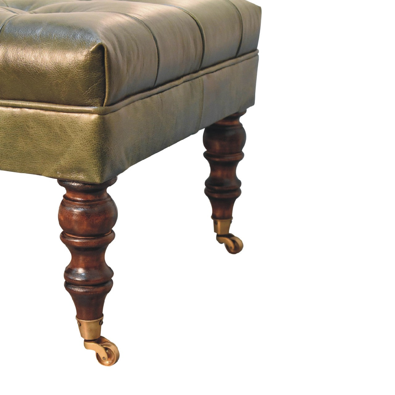 Leather mango wood frame ottoman with castor legs