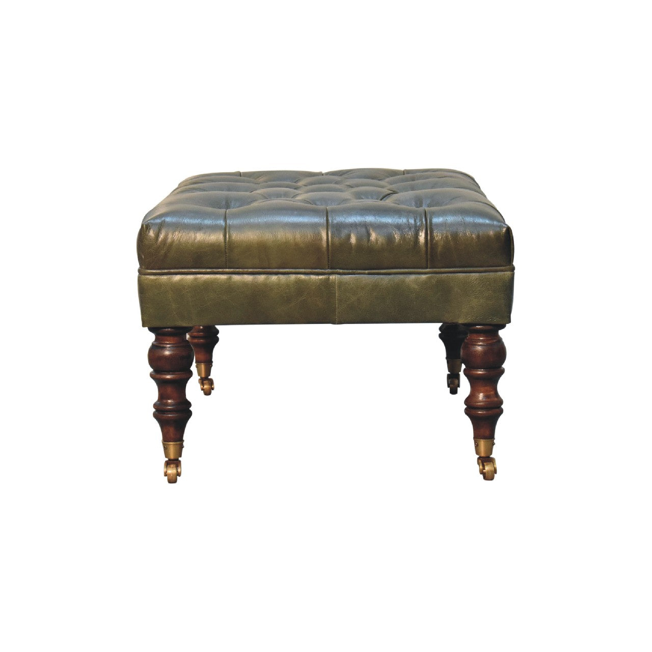 Leather mango wood frame ottoman with castor legs