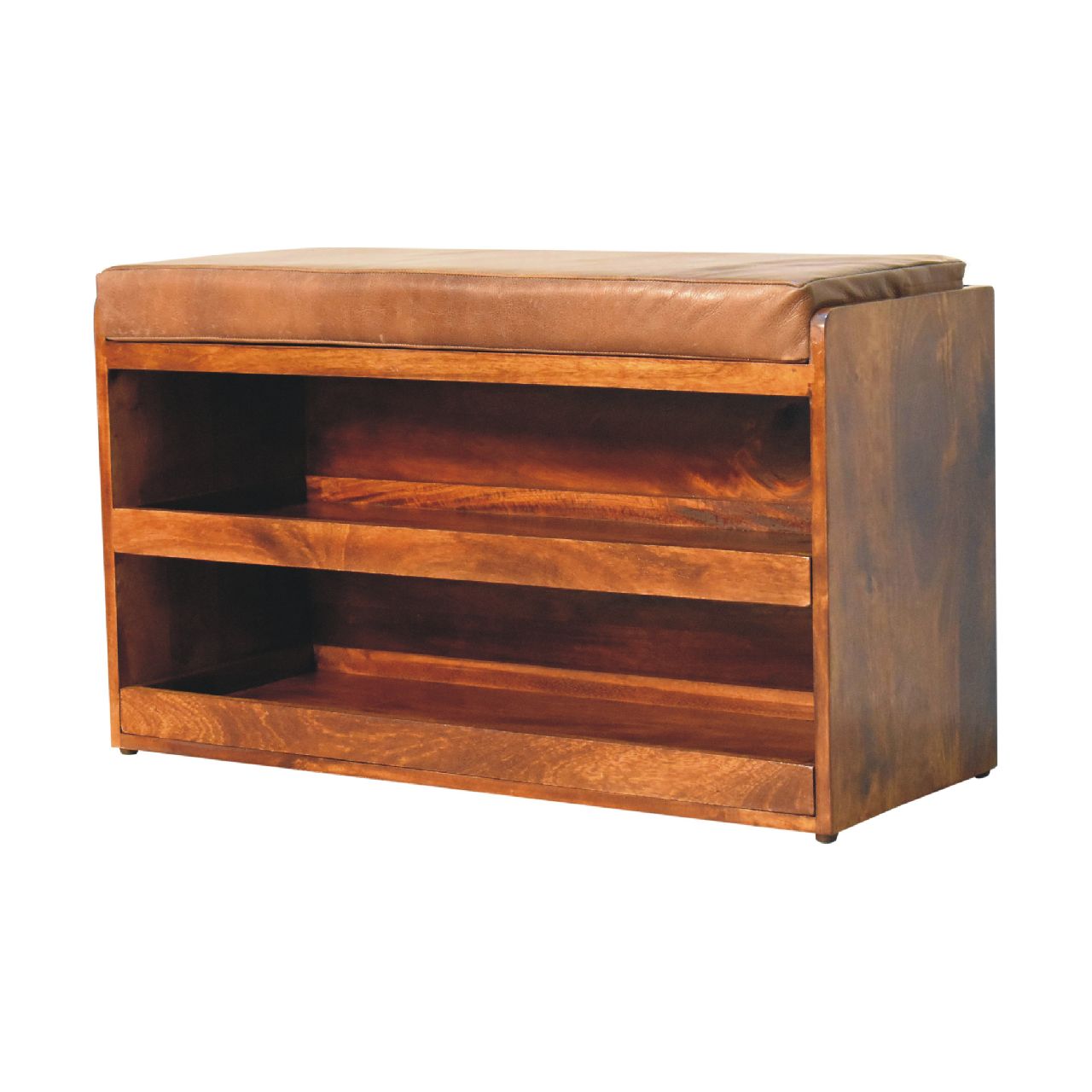 Shoe storage bench made from mango wood and buffalo hide leather