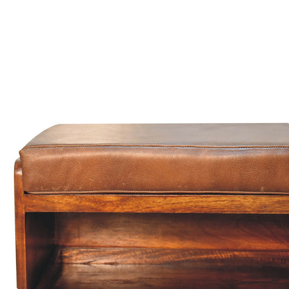 Shoe storage bench made from mango wood and buffalo hide leather