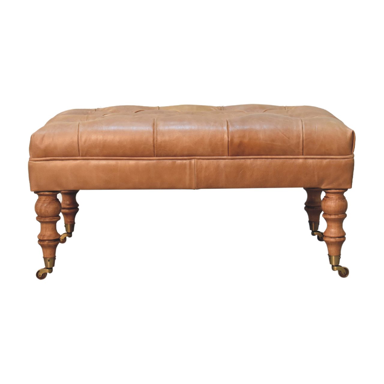 Leather mango wood frame ottoman with castor legs