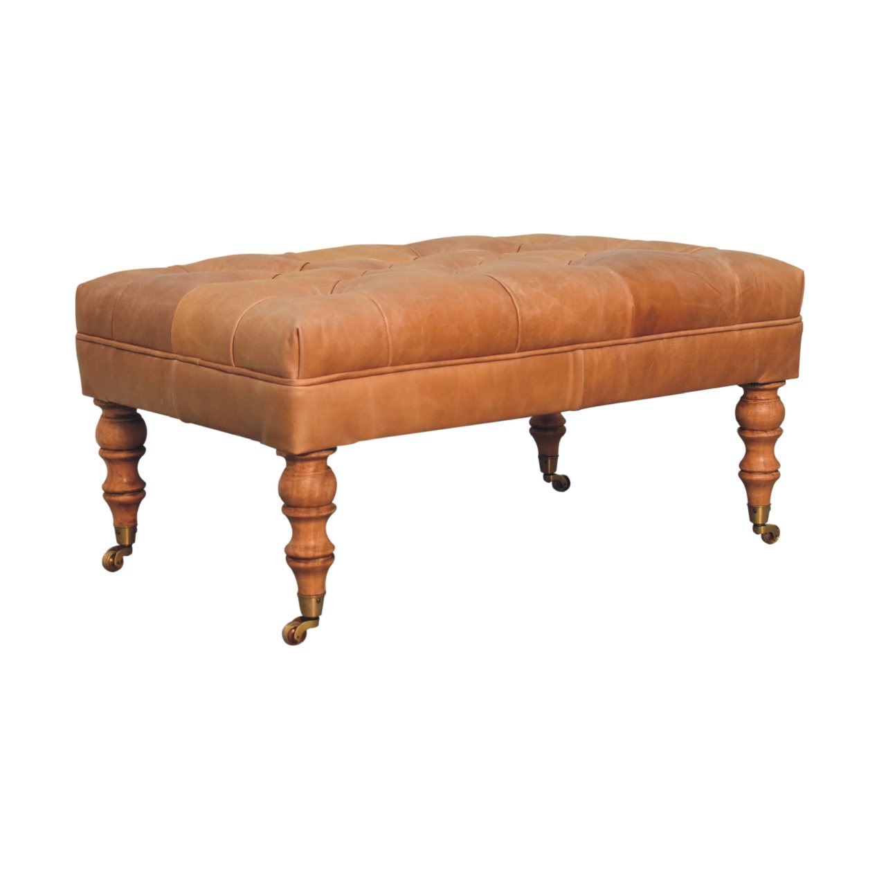 Leather mango wood frame ottoman with castor legs