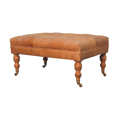 Leather mango wood frame ottoman with castor legs