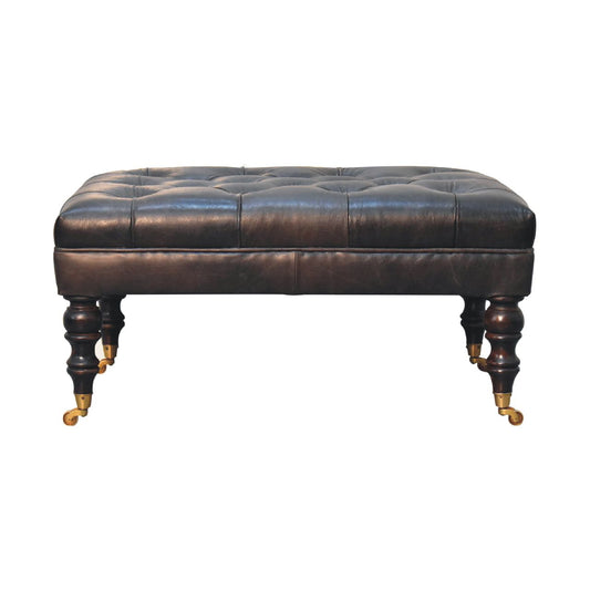 Leather mango wood frame ottoman with castor legs