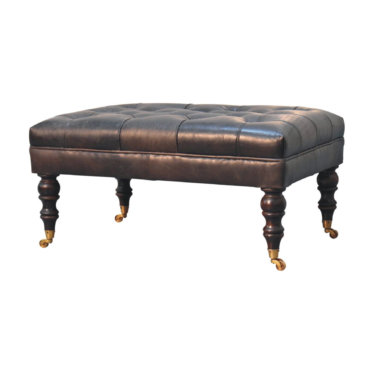 Leather mango wood frame ottoman with castor legs