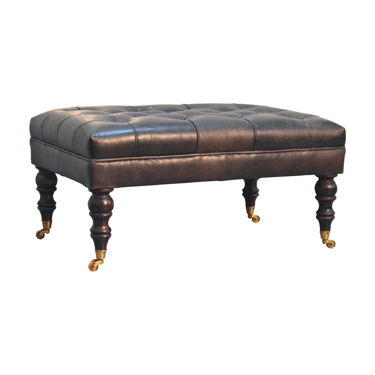 Leather mango wood frame ottoman with castor legs