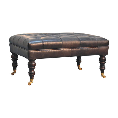 Leather mango wood frame ottoman with castor legs