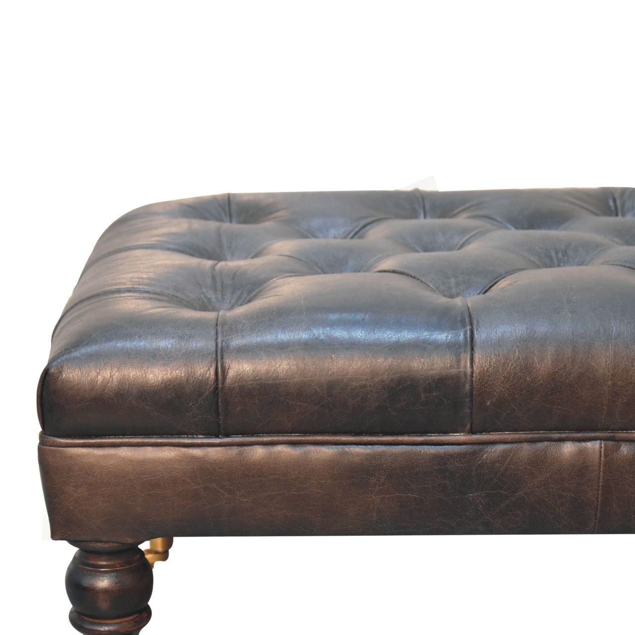 Leather mango wood frame ottoman with castor legs