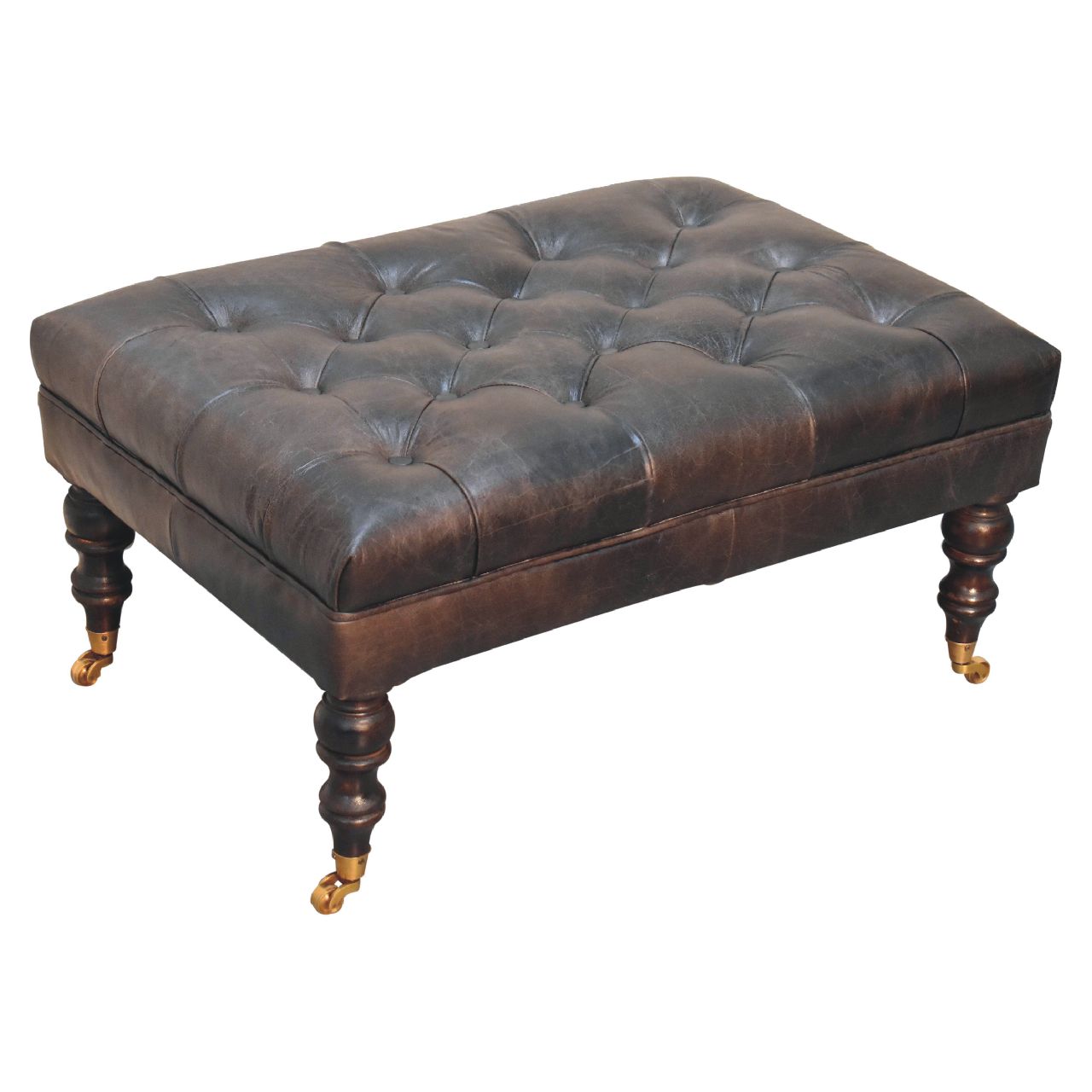 Leather mango wood frame ottoman with castor legs