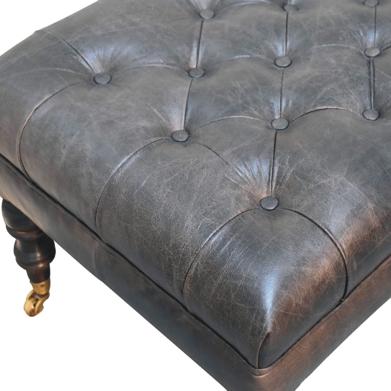 Leather mango wood frame ottoman with castor legs