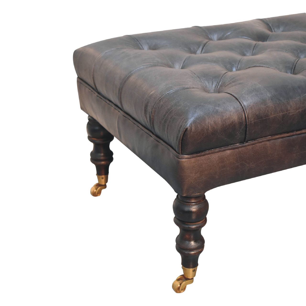 Leather mango wood frame ottoman with castor legs