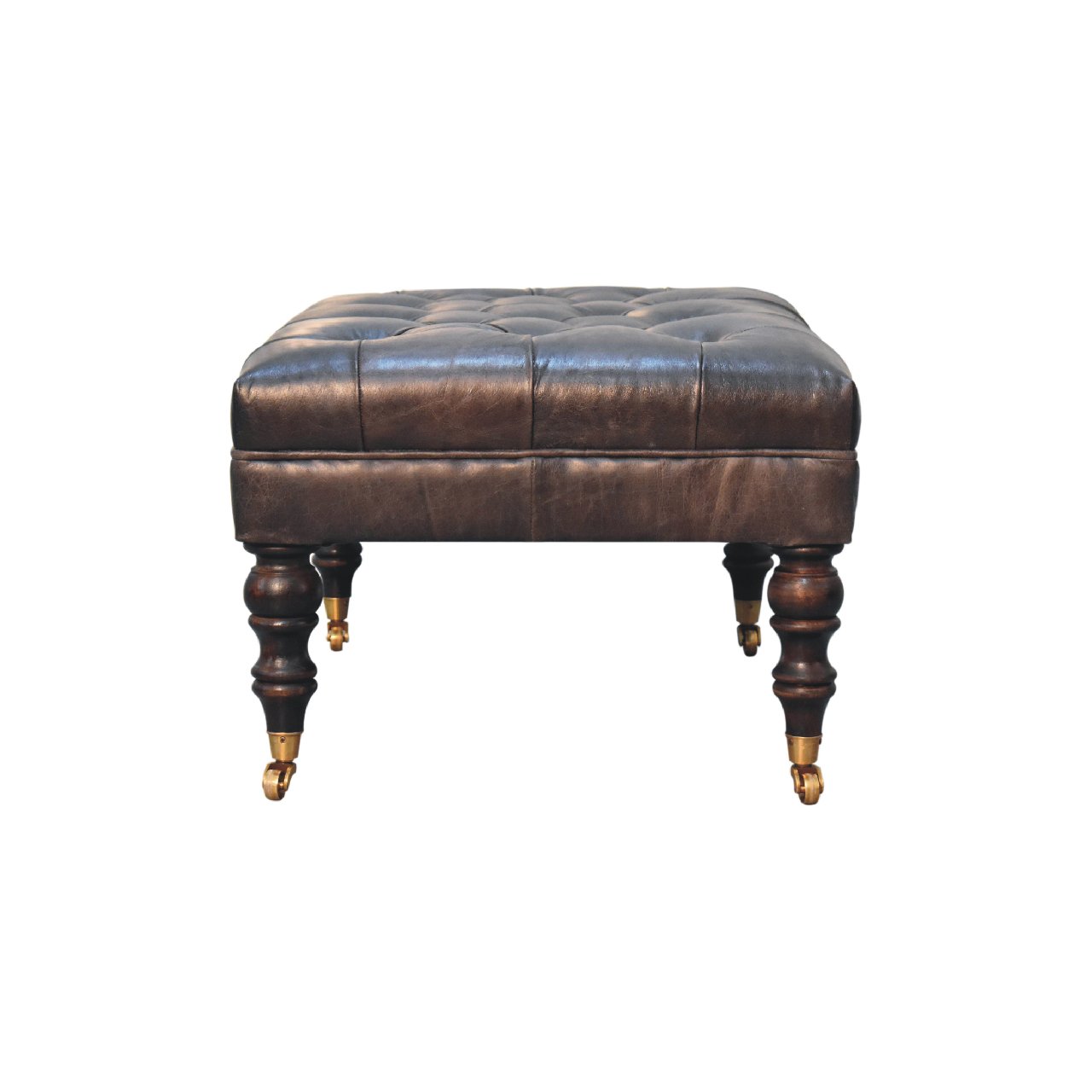 Leather mango wood frame ottoman with castor legs